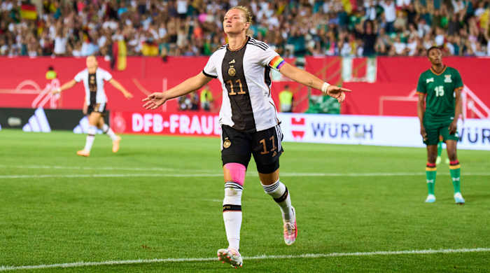 Germany's Alexandra Popp celebrates her goal in a friendly against Zambia.